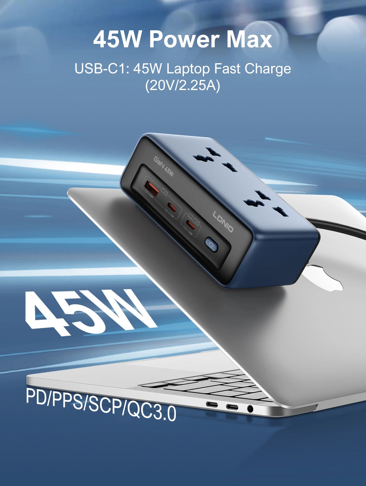 LDNIO 45W Fast Charger Cube – USB-C Charging Station with Extension Cable 2 M