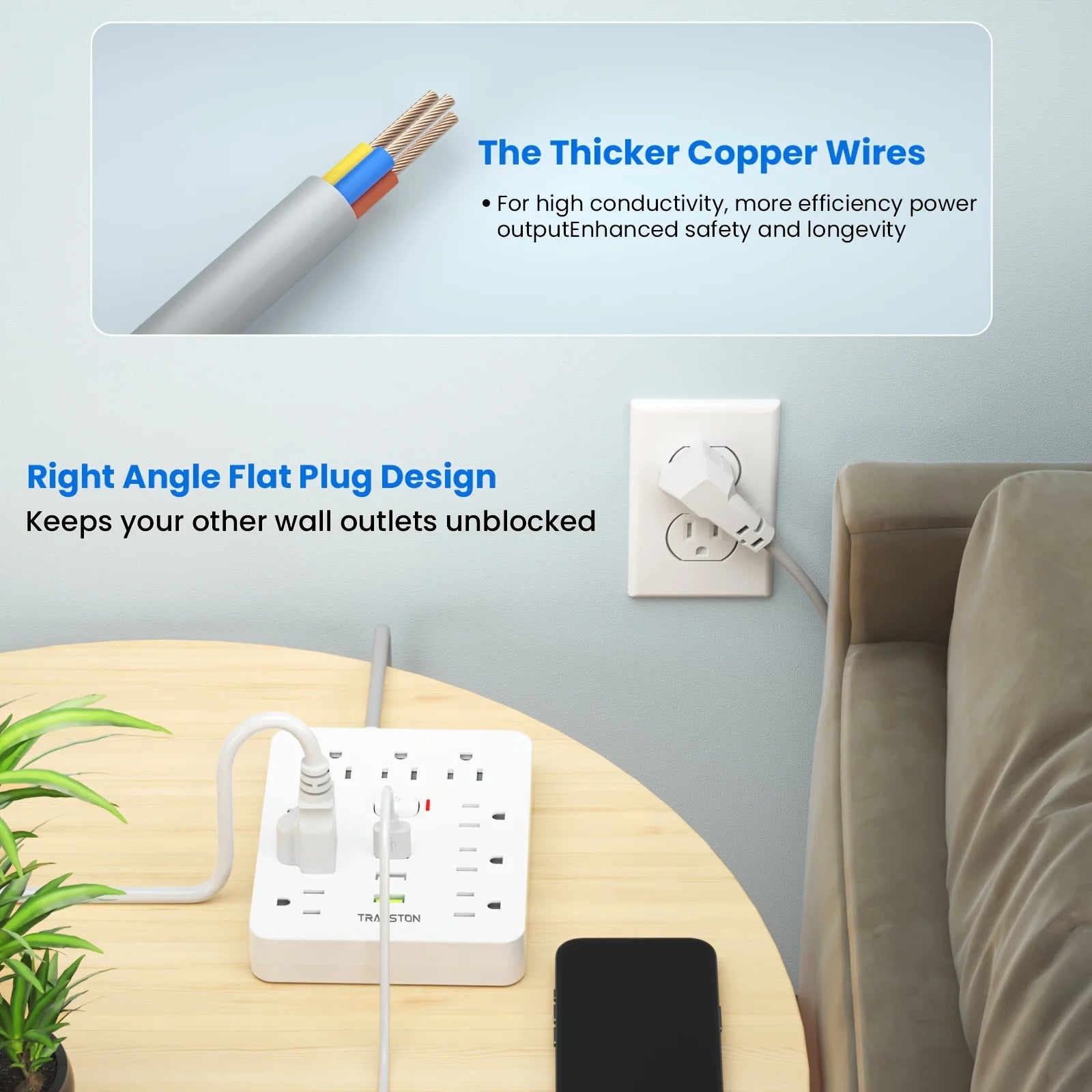 TRANSTON Quick Charge Power Strip – 9 AC Outlets & 3 USB Ports