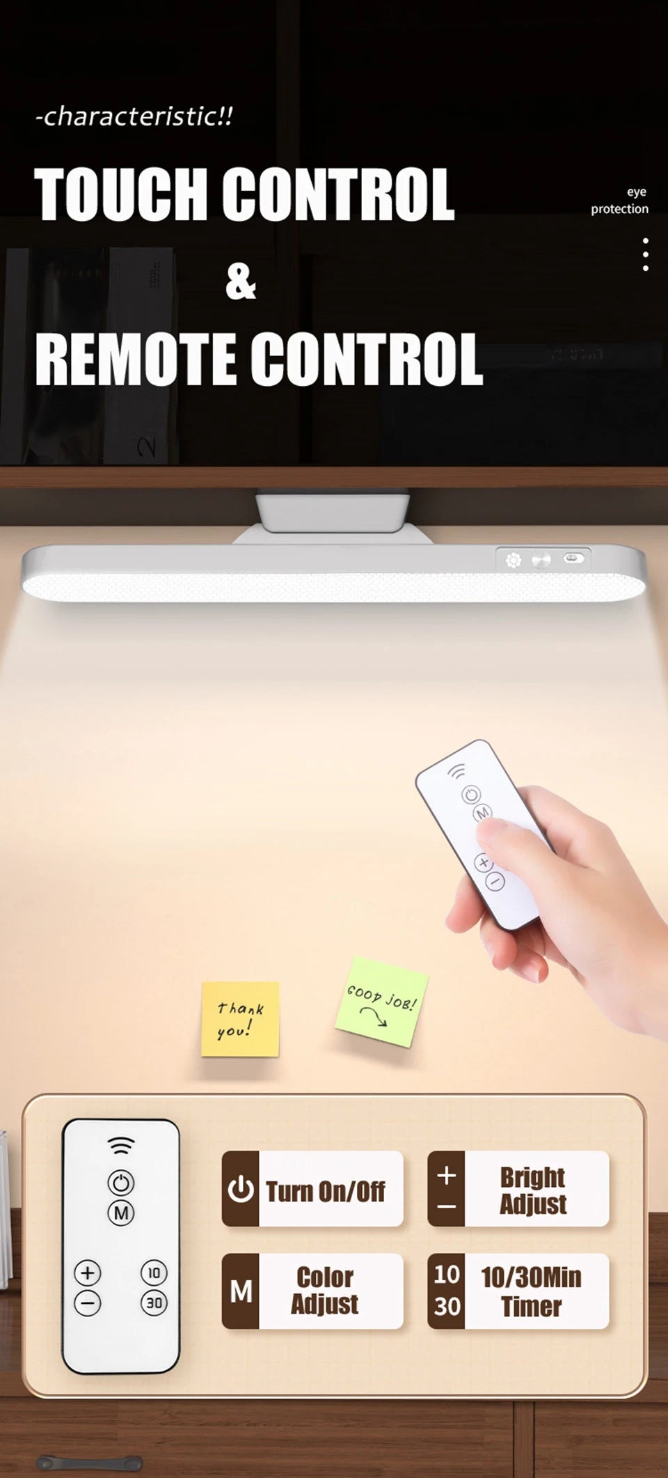 Magnetic LED Table Lamp – USB Rechargeable, 3 Color Dimmable Reading Light