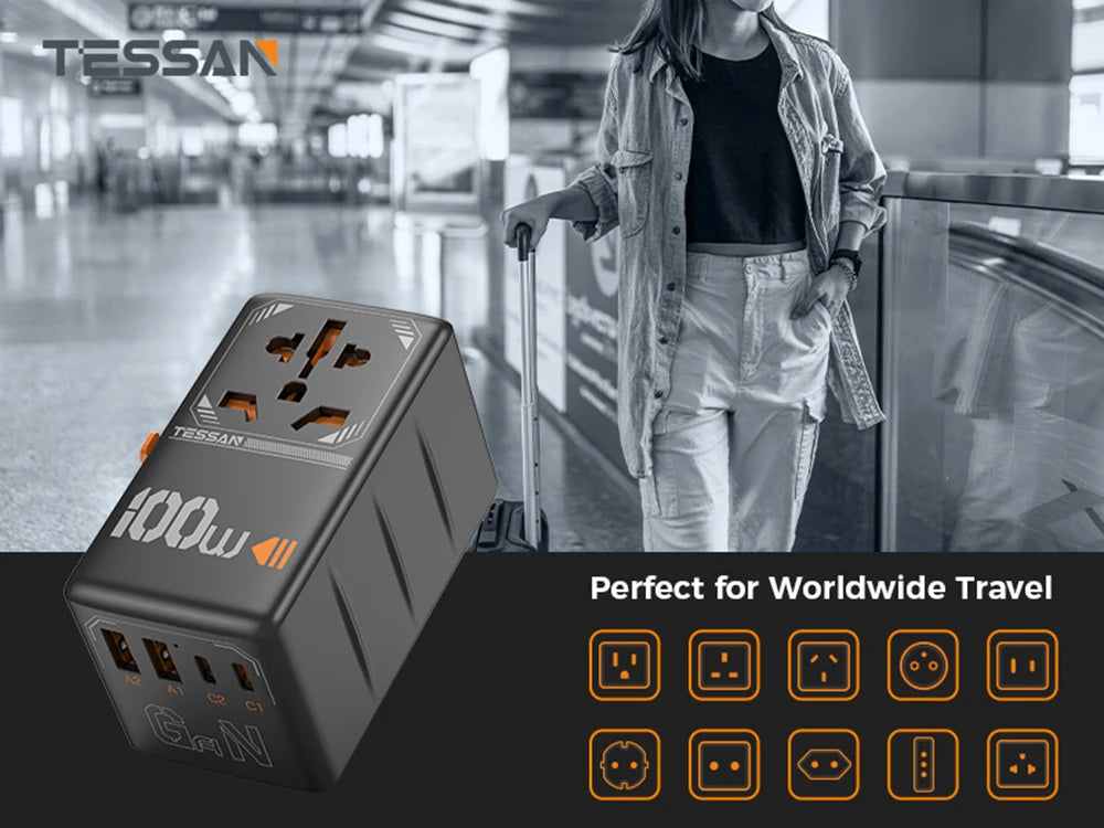 TESSAN 100W GaN Universal Travel Adapter – USB & Type-C Fast Charging