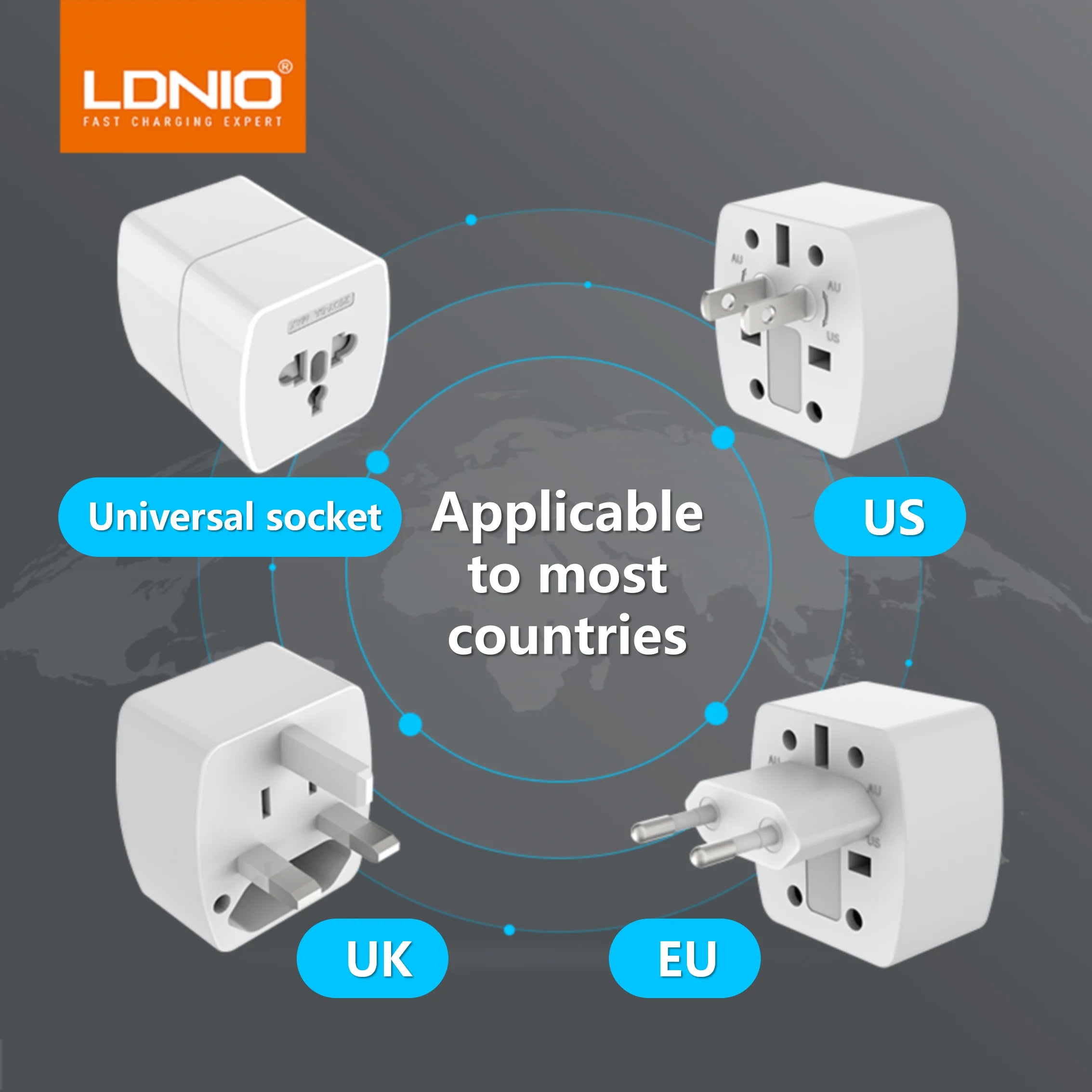 LDNIO Universal Travel Adapter – AU / UK / US / EU Plug Converter