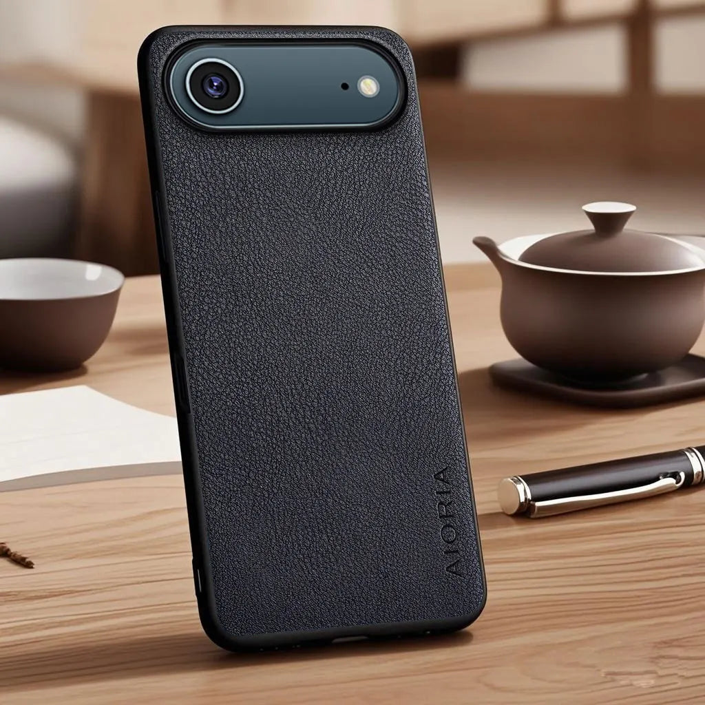 Vegan Faux Lychee Pebbled Leather Case for iPhone 15–17 Series – Soft Protective Cover