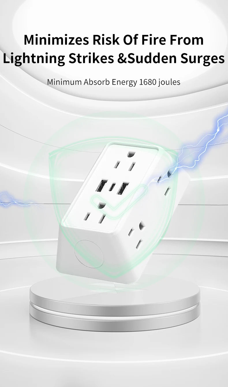 9-in-1 Wall Plug Power Adapter – 6 AC Outlets with 2 USB & 1 USB-C Charging