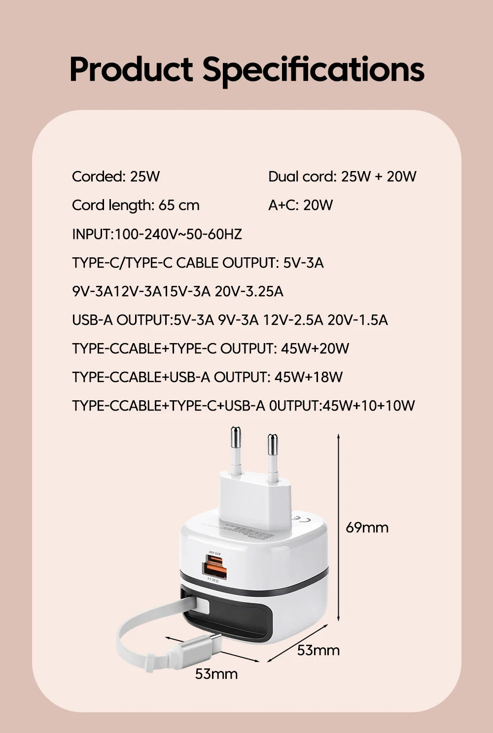 65W USB Type-C Travel Charger – Fast Charging for iPhone, Samsung & Laptops