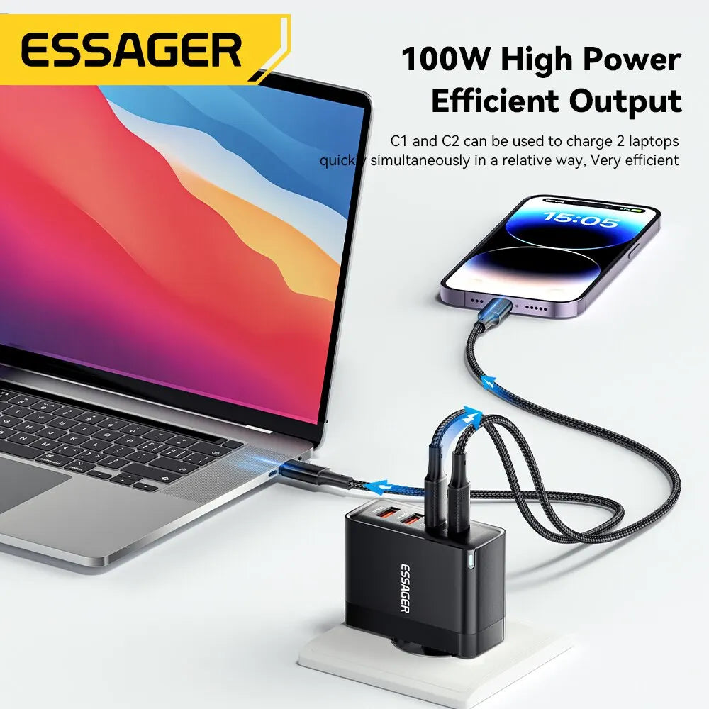 Essager 100W GaN USB-C Quick Charger – PD & QC for iPhone, Xiaomi, MacBook
