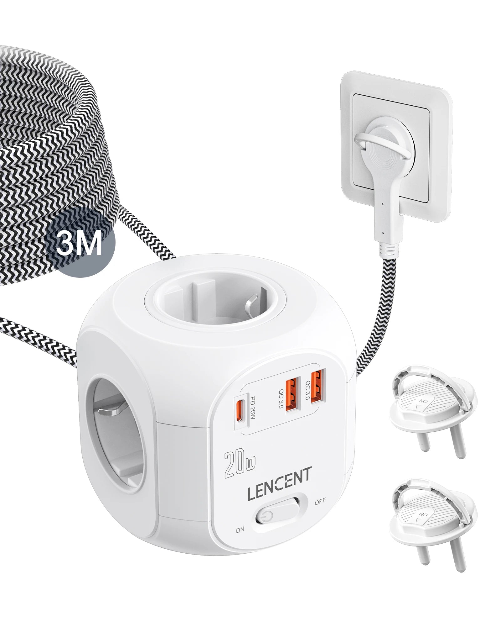LENCENT Upgraded Power Strip Cube with  4 AC Outlets 3 USB Port 1 Type C 3M Braided Cable Multi Socket with Switch for Home