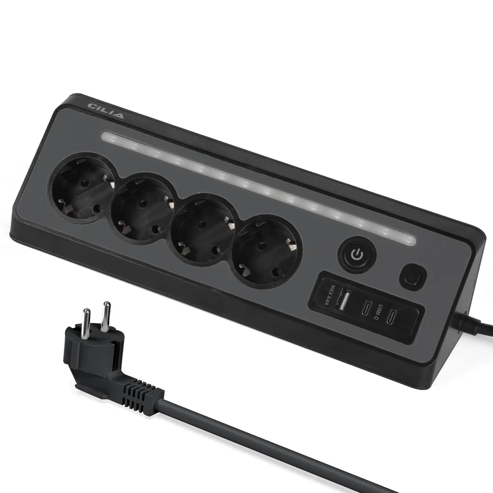 CILIA EU Power Strip 4 Schuko 2 USB C 1 USB A, 3680W 16A Surge Protection with Switch LED, 1 5m Cable for Home