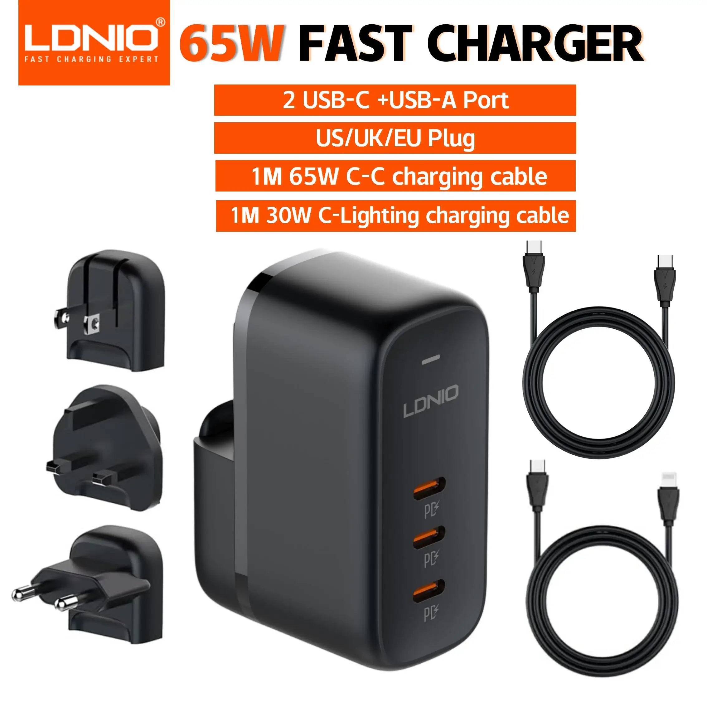 LDNIO 65W GaN USB-C Travel Charger – 3-Port PD/QC Wall Charger with EU/UK/US/AU Adapter