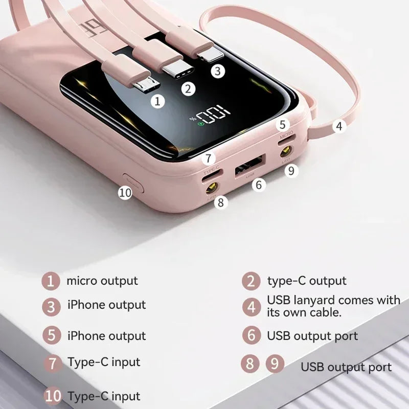 66W 30000mAh Portable Power Bank with Built-in Cables