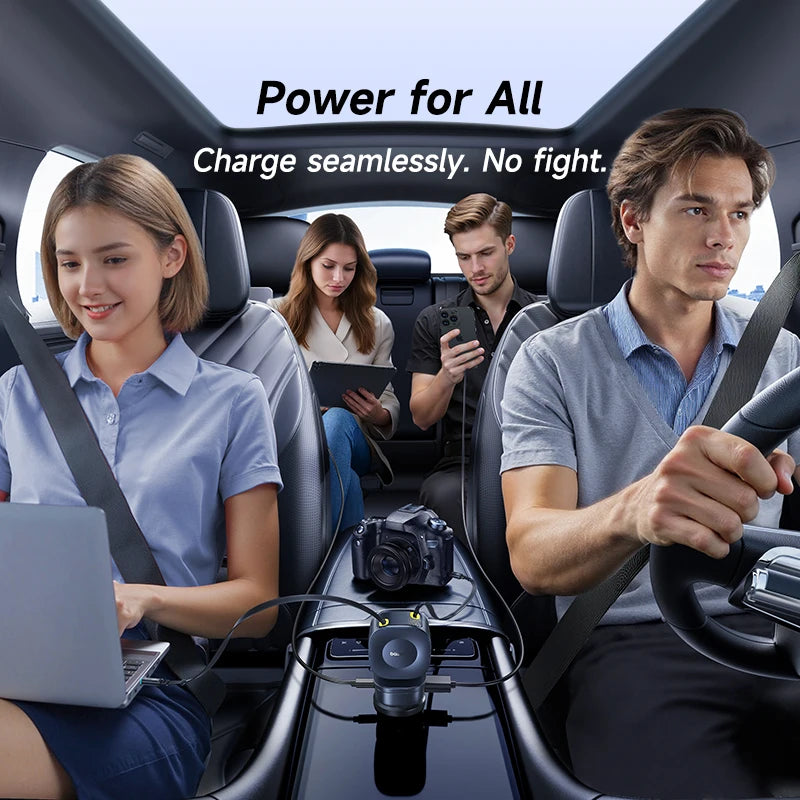Baseus 240W Car Charger – 4-Port Fast Charging Adapter with Retractable USB-C Cable