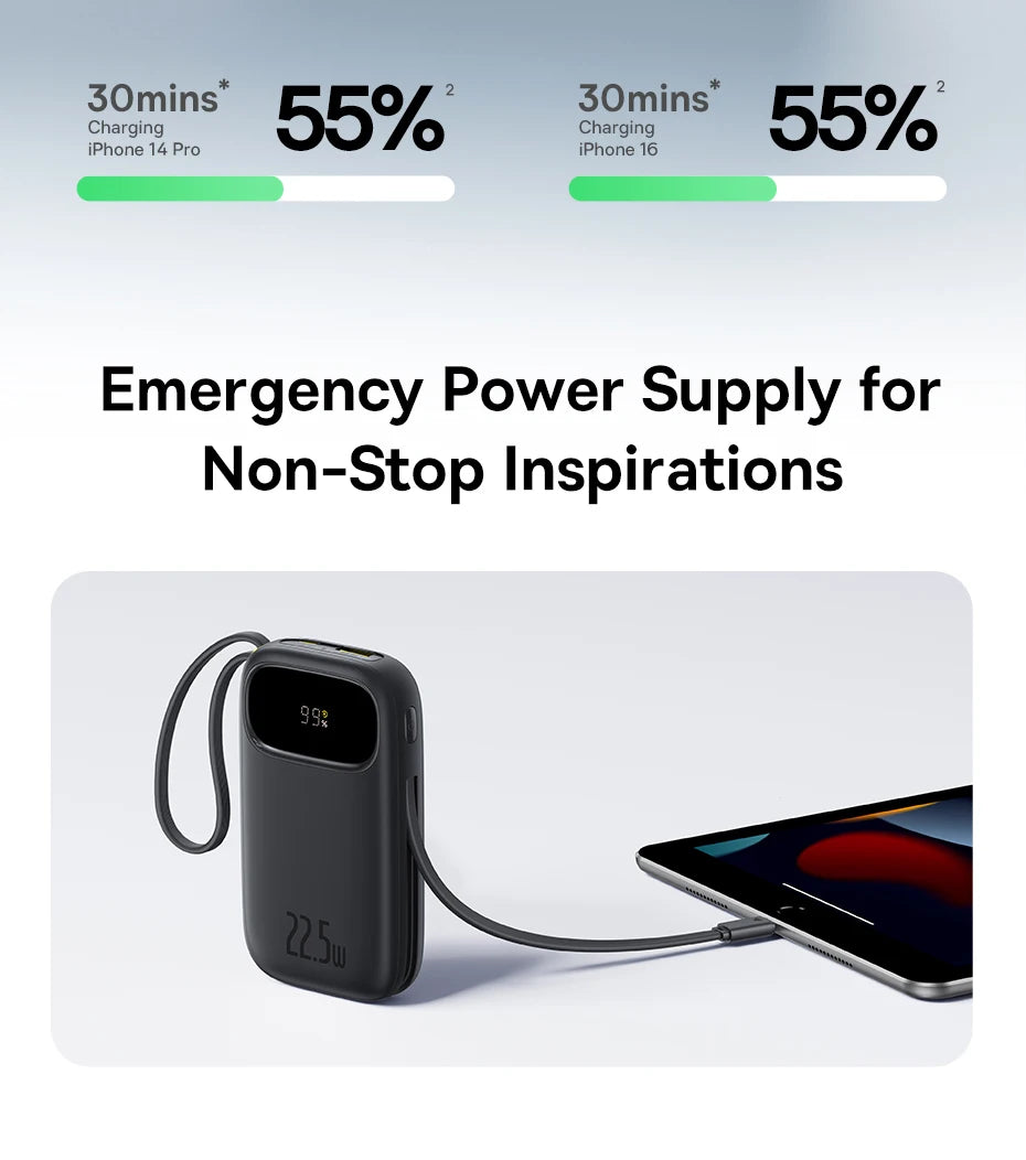 Baseus 22.5W 10000mAh 20000mAh Power Bank Built-In Retractable USB-C & Lightning Cable for iPhone 16 Samsung S25 Xiaomi Poco
