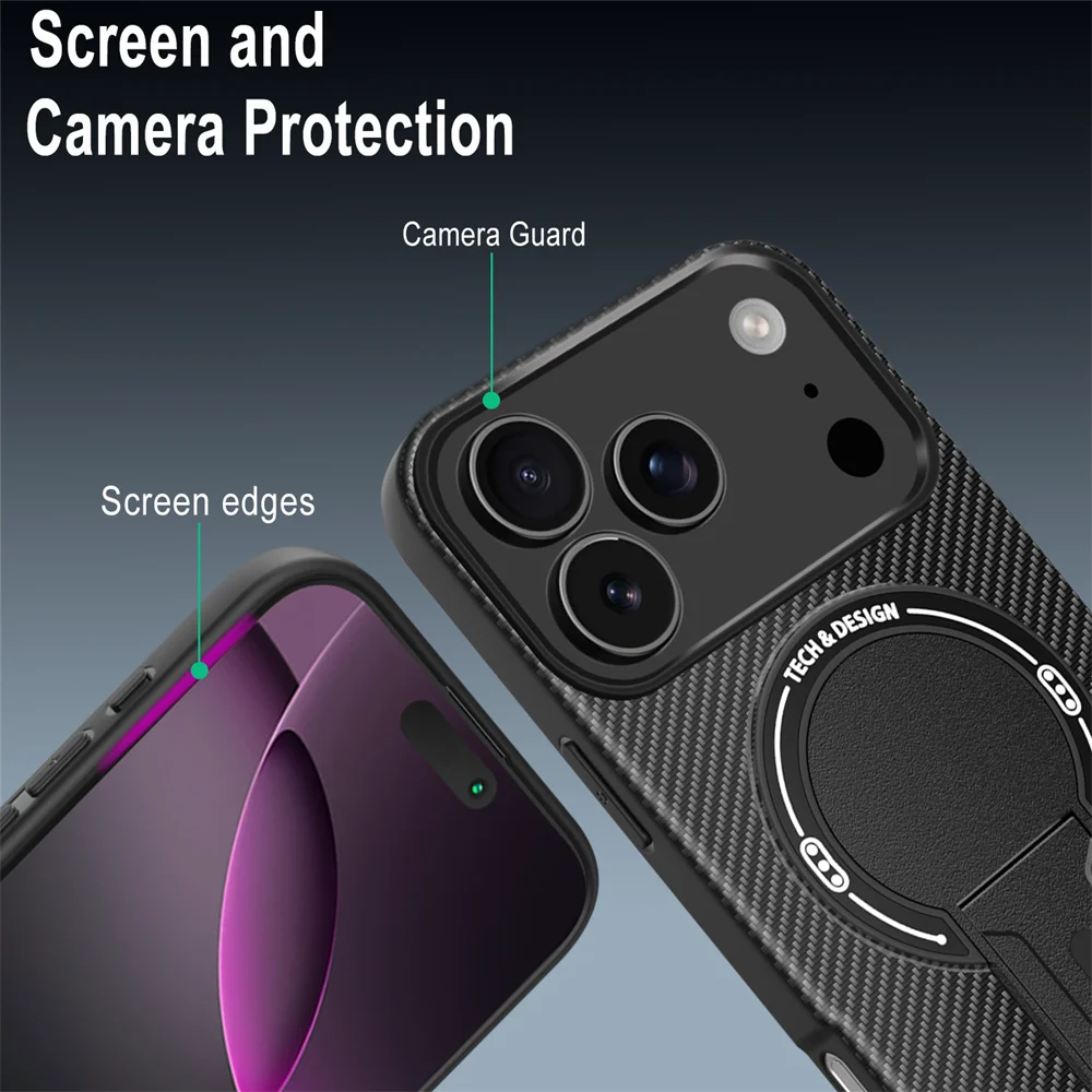 Luxury Carbon Fiber Magnetic Stand Case – iPhone 15–17 Series