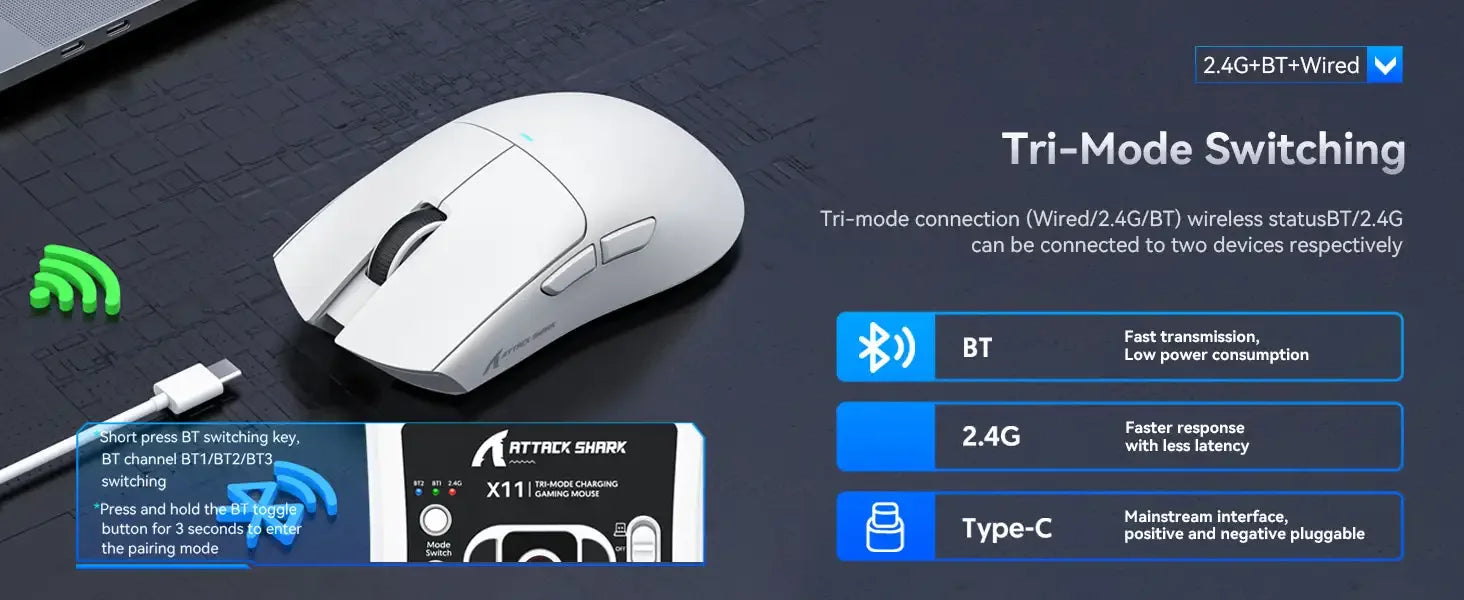 ATTACK SHARK X11 Gamer Mouse – Wireless, 3 Modes & Charging Dock