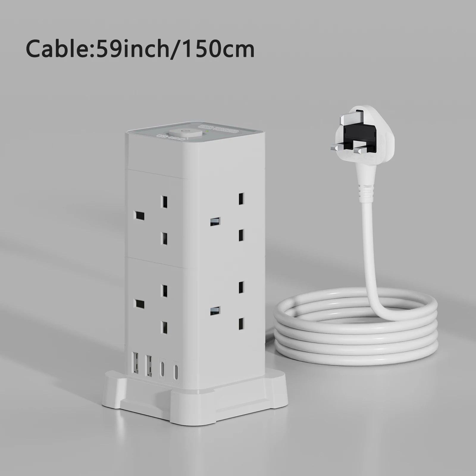 UK Power Tower Extension Lead – Multi Socket Surge Protector with USB-C & USB Charging Ports