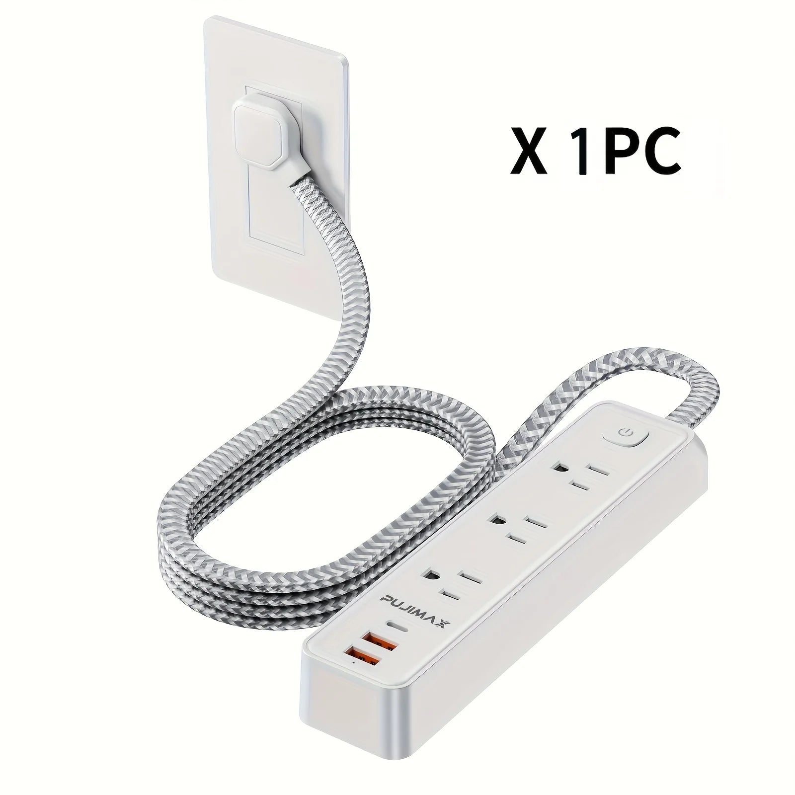 PUJIMAX US version 1.5-meter woven cable power board, featuring 2 USB ports, 1 Type-C port, and 6 AC socket ports