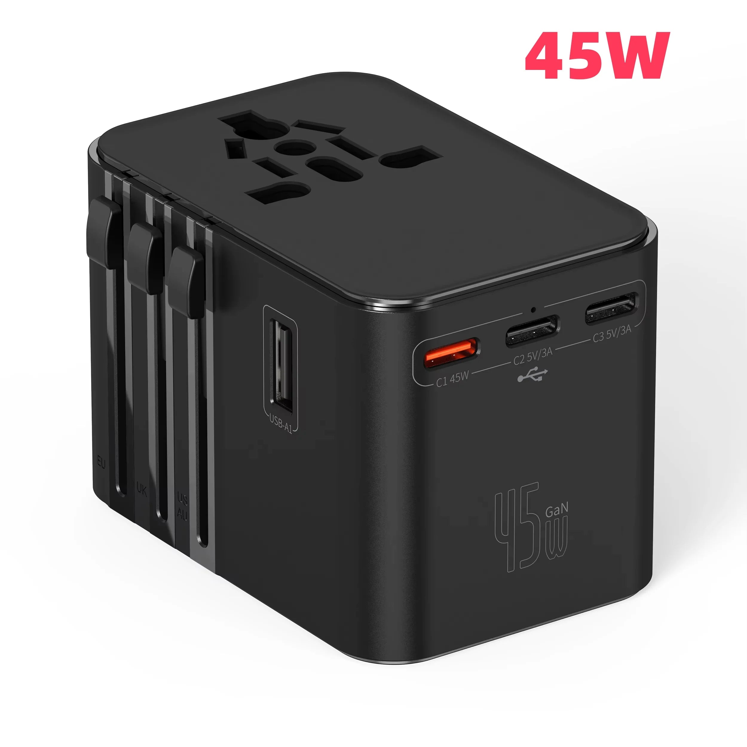 JINGMIN Universal Travel Adapter – 4 AC Outlets + 3 USB/Type-C PD 25W