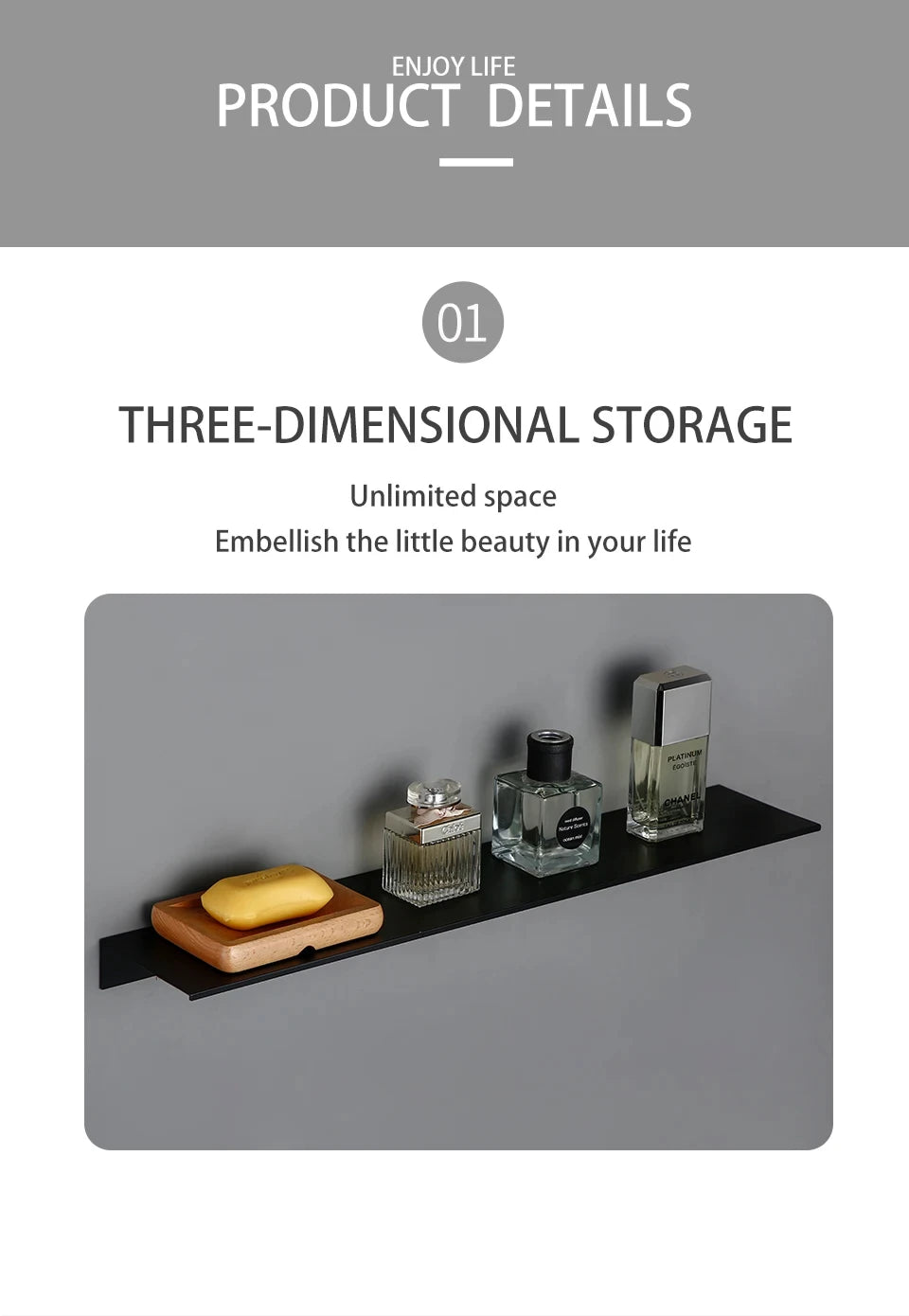 Wall-Mounted Black Shelf – Bathroom, Kitchen & Shower Storage Rack