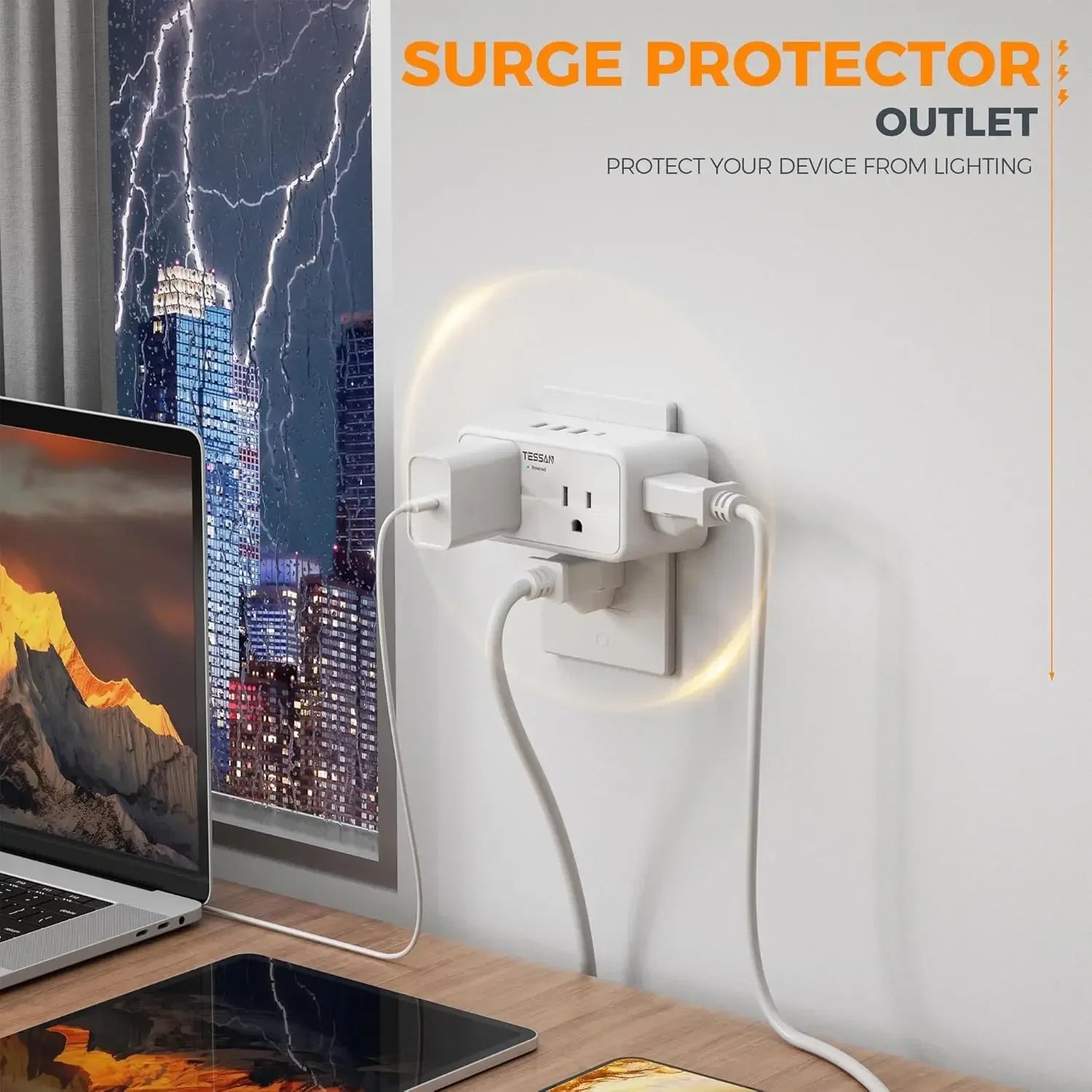 TESSAN Multi-Socket Wall Expander – 4 AC Outlets & 3 USB Ports  & 1 USB - C