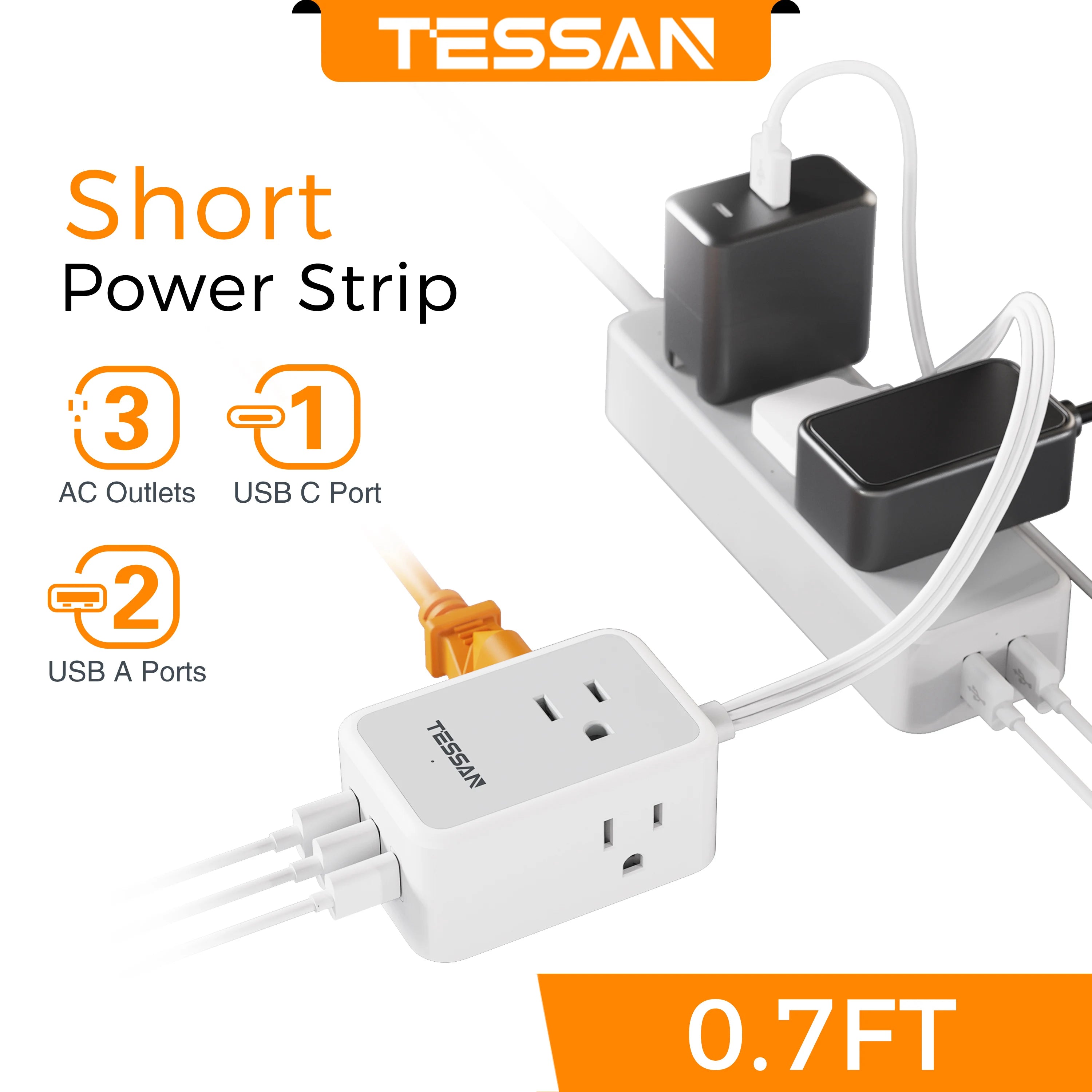 TESSAN Mini Power Strip – Ultra-Thin Design with 3 AC Outlets & 3 USB Ports
