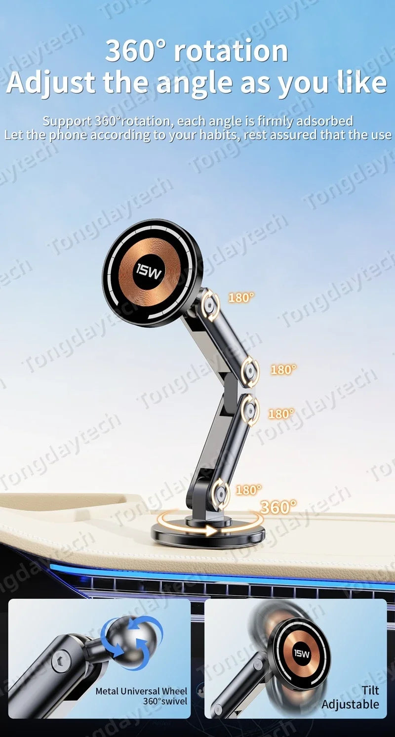 Magnetic Car Charger Holder – 15W Wireless Fast Charge