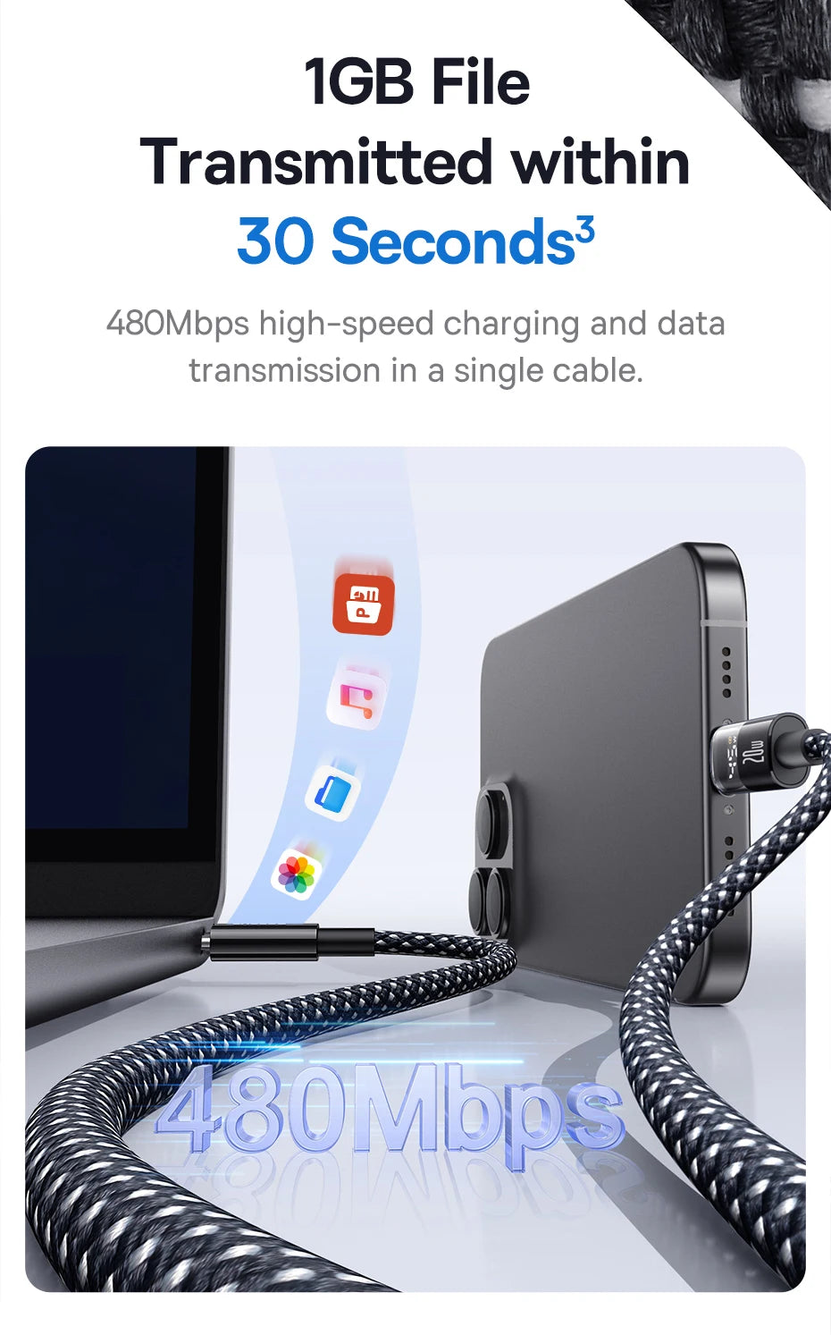 Baseus 20W USB-C Cable for iPhone & iPad – Fast Charge with LED Display