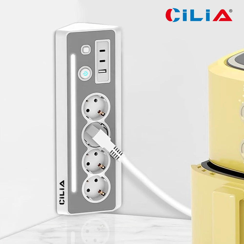 CILIA EU Power Strip 4 Schuko 2 USB C 1 USB A, 3680W 16A Surge Protection with Switch LED, 1 5m Cable for Home