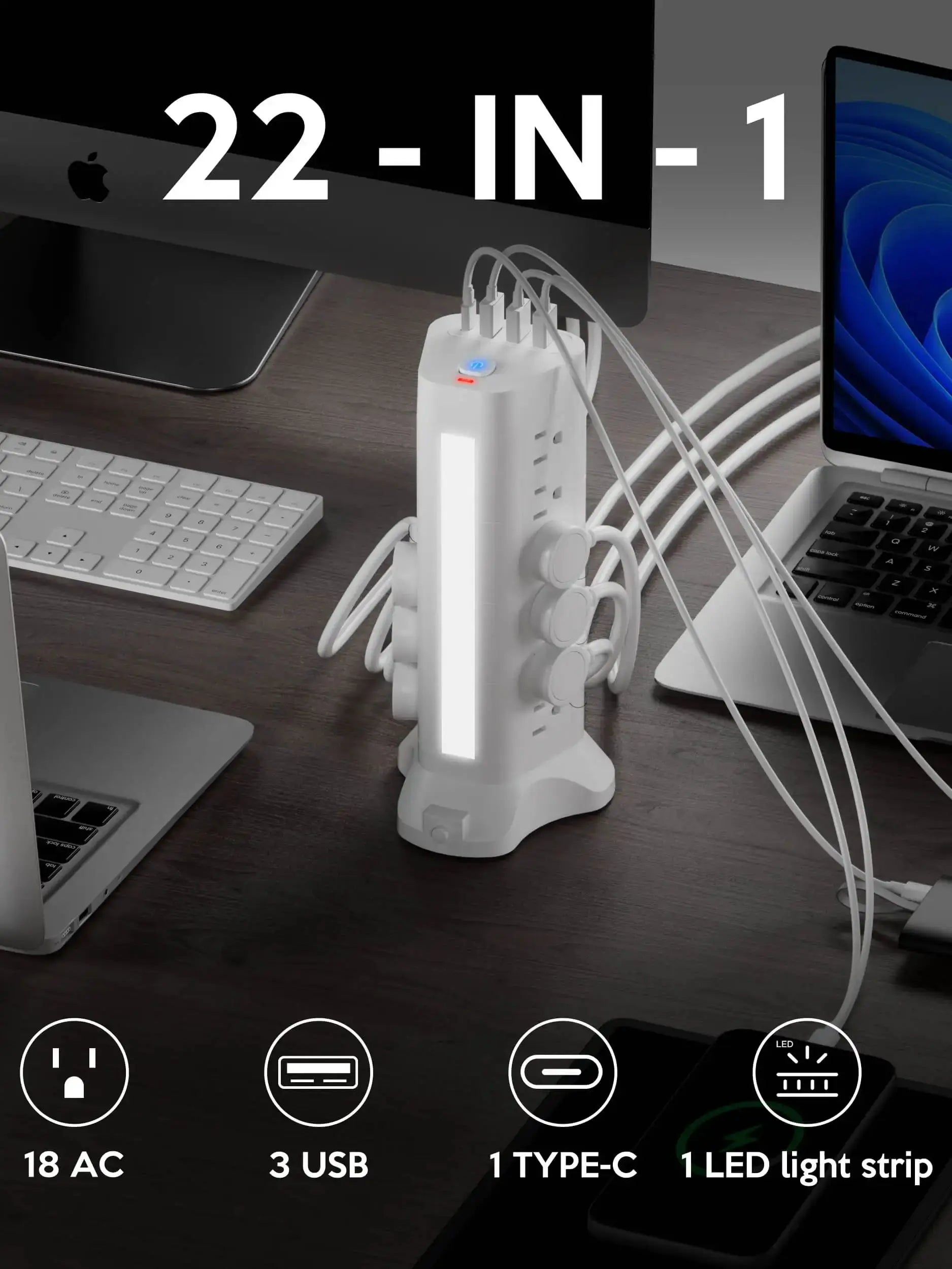 Power Strip  – Tower with 18 AC Outlets with 3 USB-A – 1 USB-C & Surge Protection