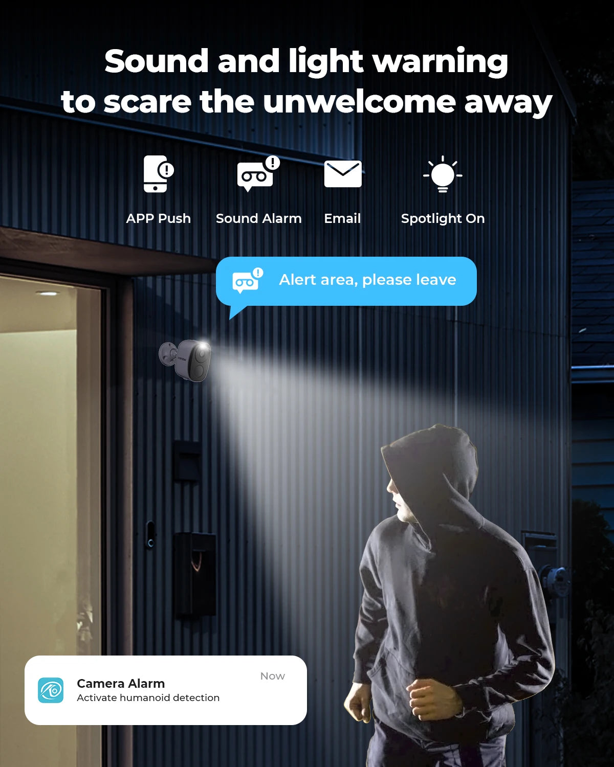 2K Wireless Security Camera – Battery Outdoor Spotlight & Siren