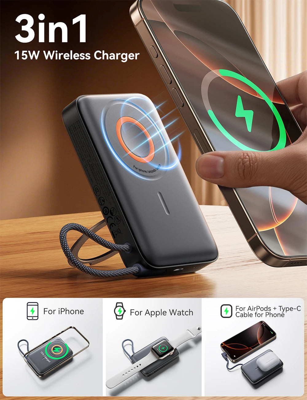 Magnetic 3-in-1 Wireless Power Bank – 10000mAh Fast Charge for Apple Devices