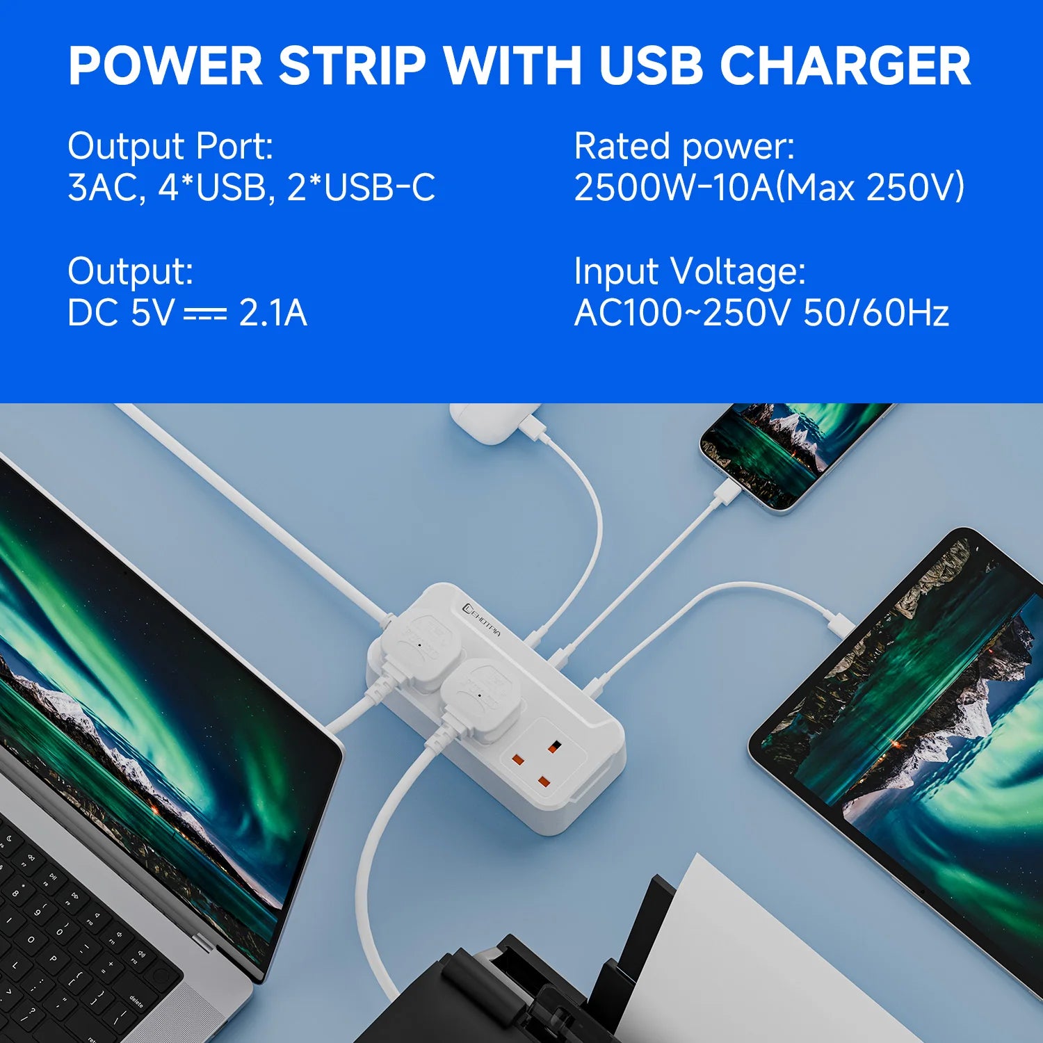 UK Power Strip with USB-C Fast Charging