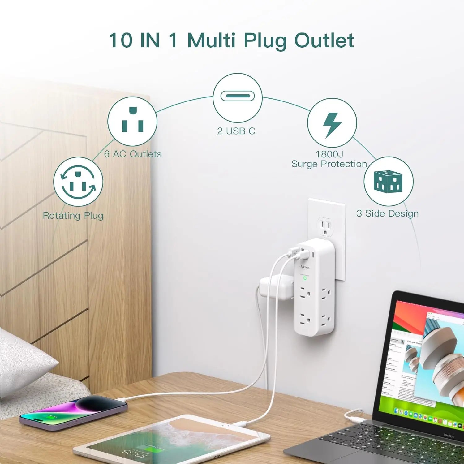 10-in-1 multi plug outlet with various features on a wall, connected to electronic devices.