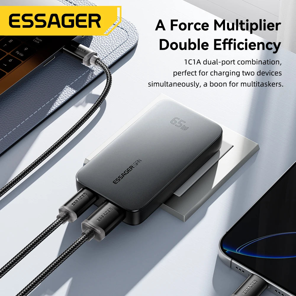 Essager 65W GaN Charger USB Type C Quick Charge 3.0 Fast Charger for iPhone 16 15 Xiaomi Samsung ipad Macbook Tablet PD Charger