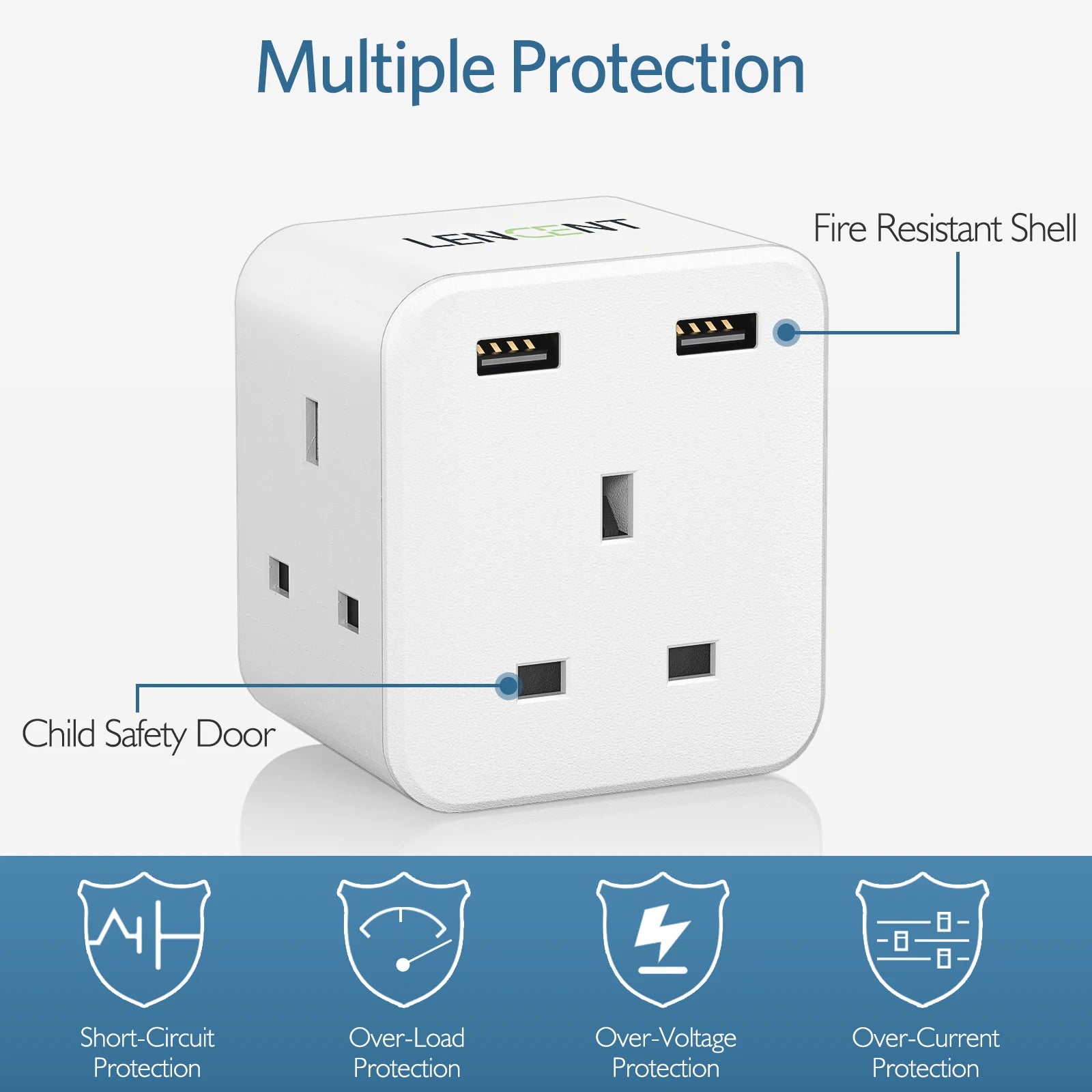 LENCENT UK Plug Power Strip with 3 AC Outlets 2 USB Charging Ports 5V 2.4A Portable Multi Socket Power Adapter for Home Office