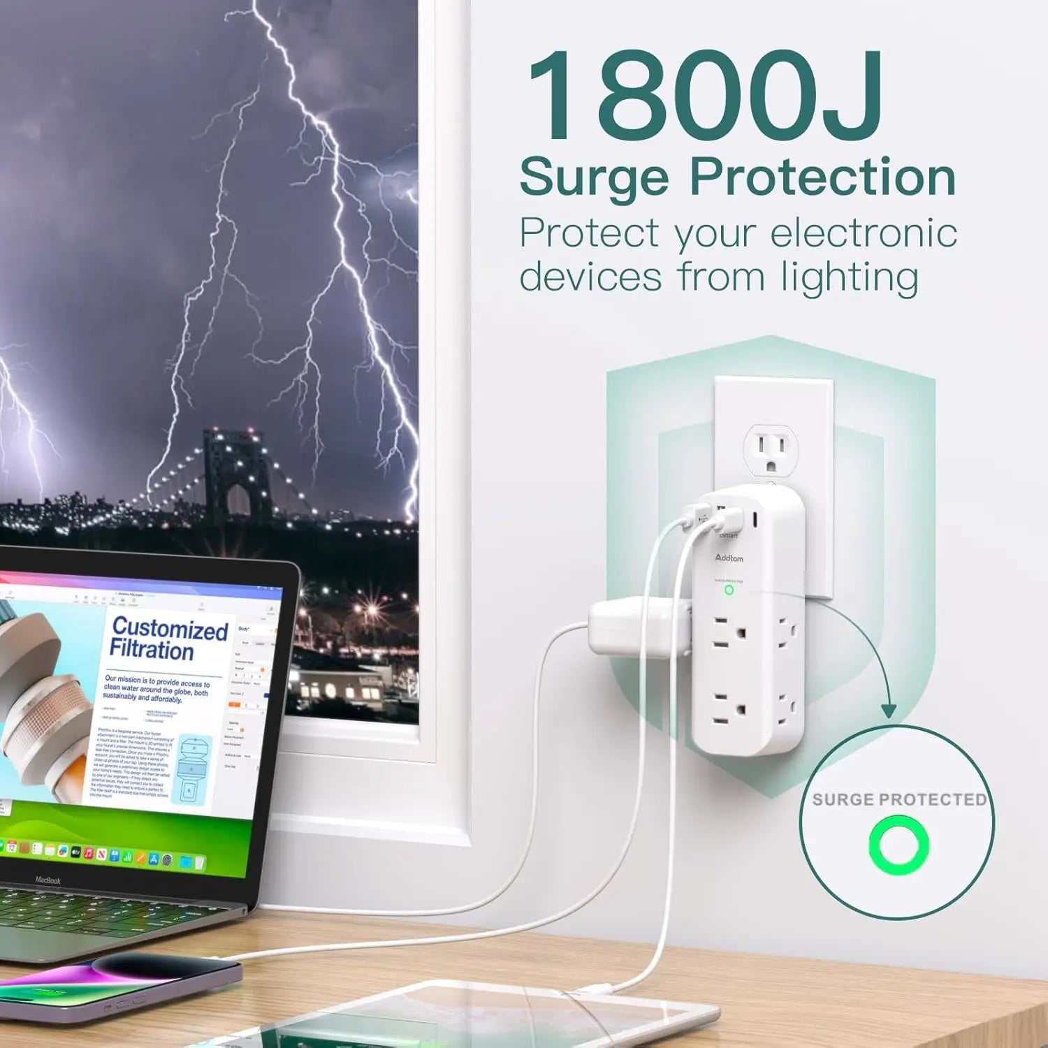 Surge protector with 1800J surge protection rating on a desk with electronic devices, lightning in the background.