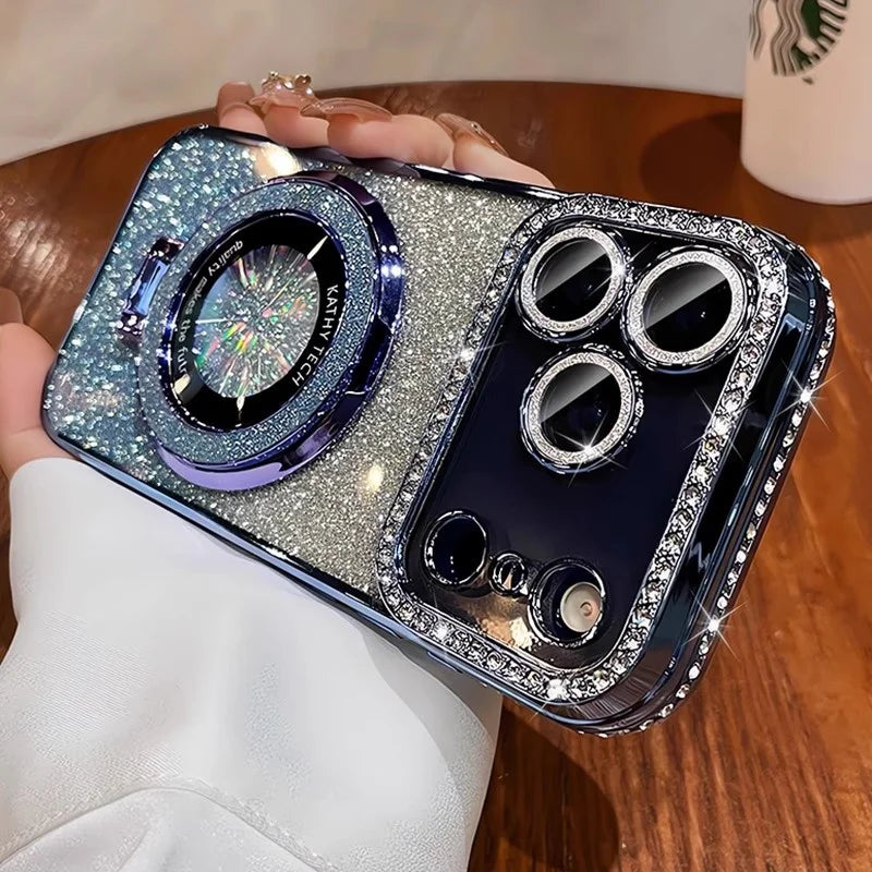 Plating MagSafe Rhinestones Magnetic Stand Case for iPhone 15–17 Series – Diamond Bumper Cover