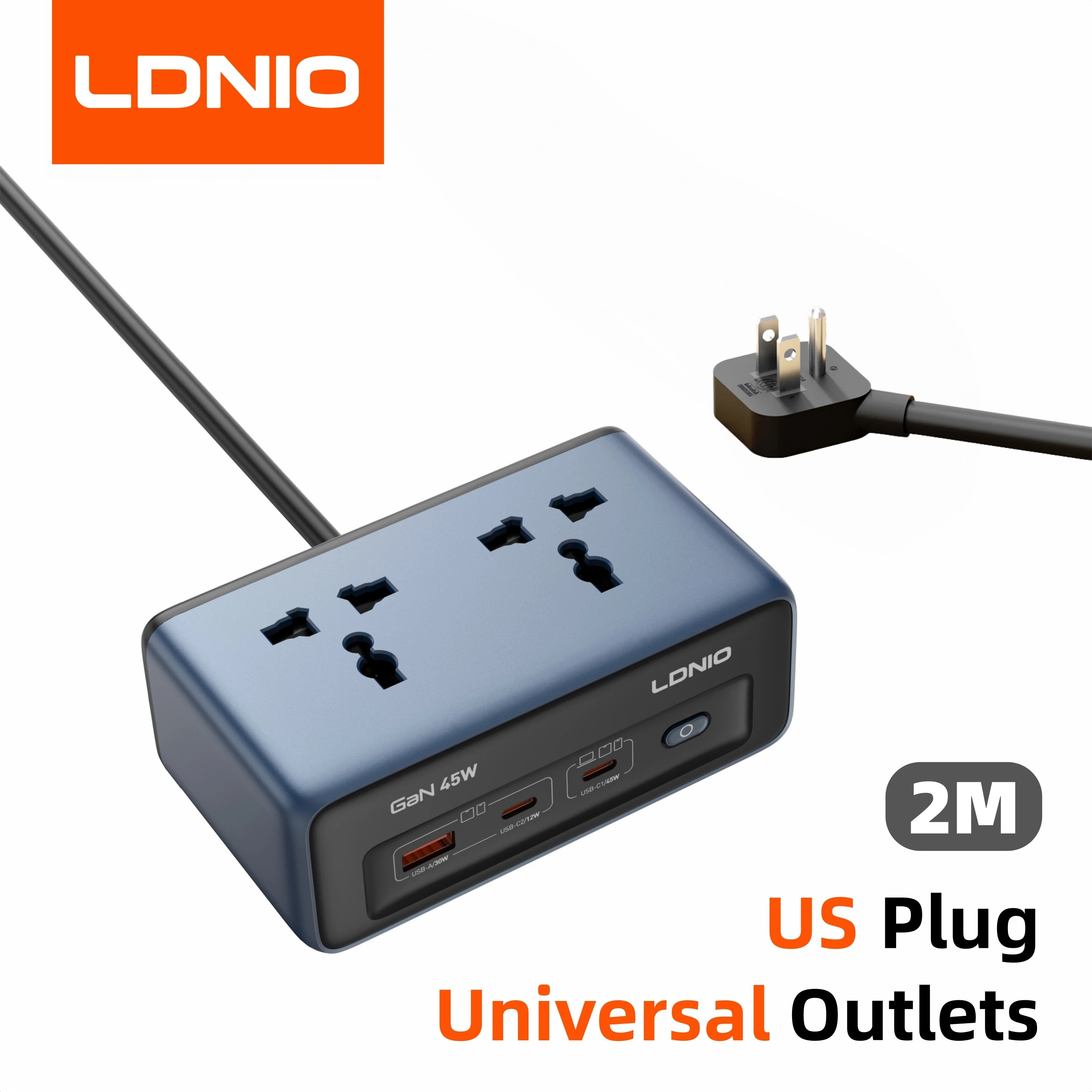 LDNIO 45W Fast Charger Cube – USB-C Charging Station with Extension Cable 2 M