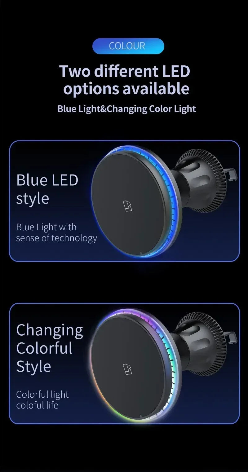 LED/RGB Magnetic Car Wireless Charger For iPhone 12 13 14 15 Pro Max Macsafe Car Phone Holder Stand Mount Fast Charging Station