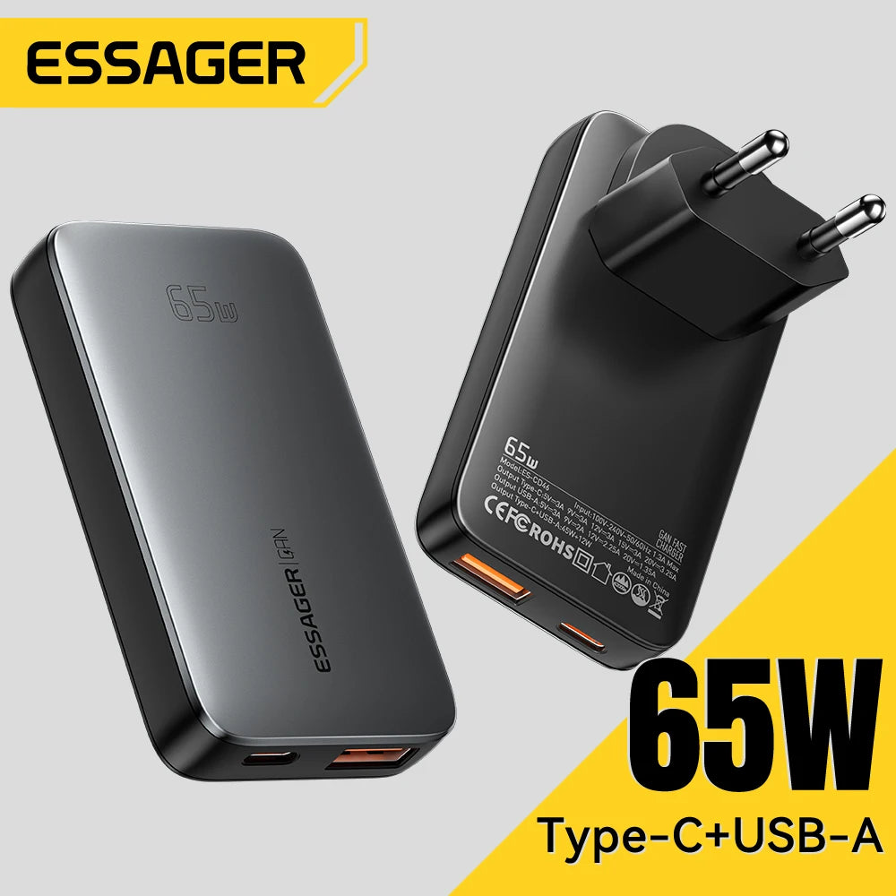 Essager 65W GaN Charger USB Type C Quick Charge 3.0 Fast Charger for iPhone 16 15 Xiaomi Samsung ipad Macbook Tablet PD Charger