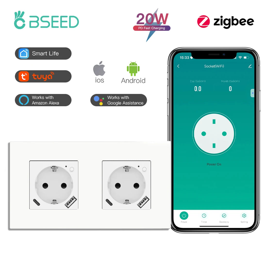 BSEED ZigBee Smart Wall Socket with Energy Monitoring (EU)