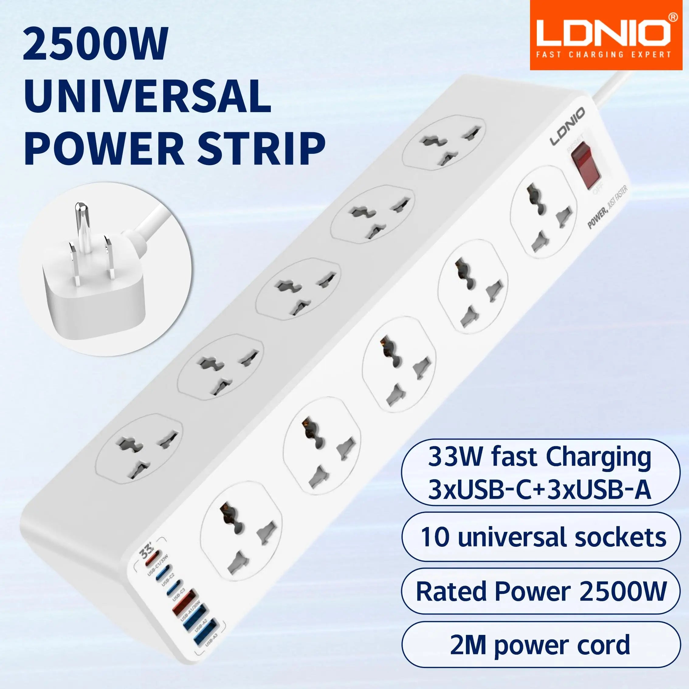 LDNIO Power Strip – 10 AC Outlets with USB-C, Surge Protector, 2M Extension Cord