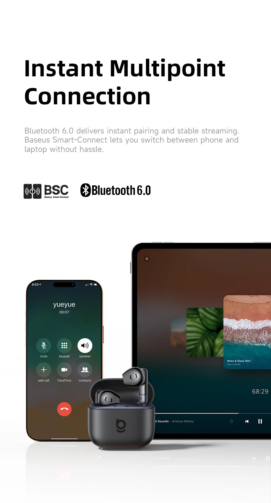 Baseus BS2 Lite True Wireless Earbuds – 40H Playtime, AI Clear Calls, Noise Canceling, IP55