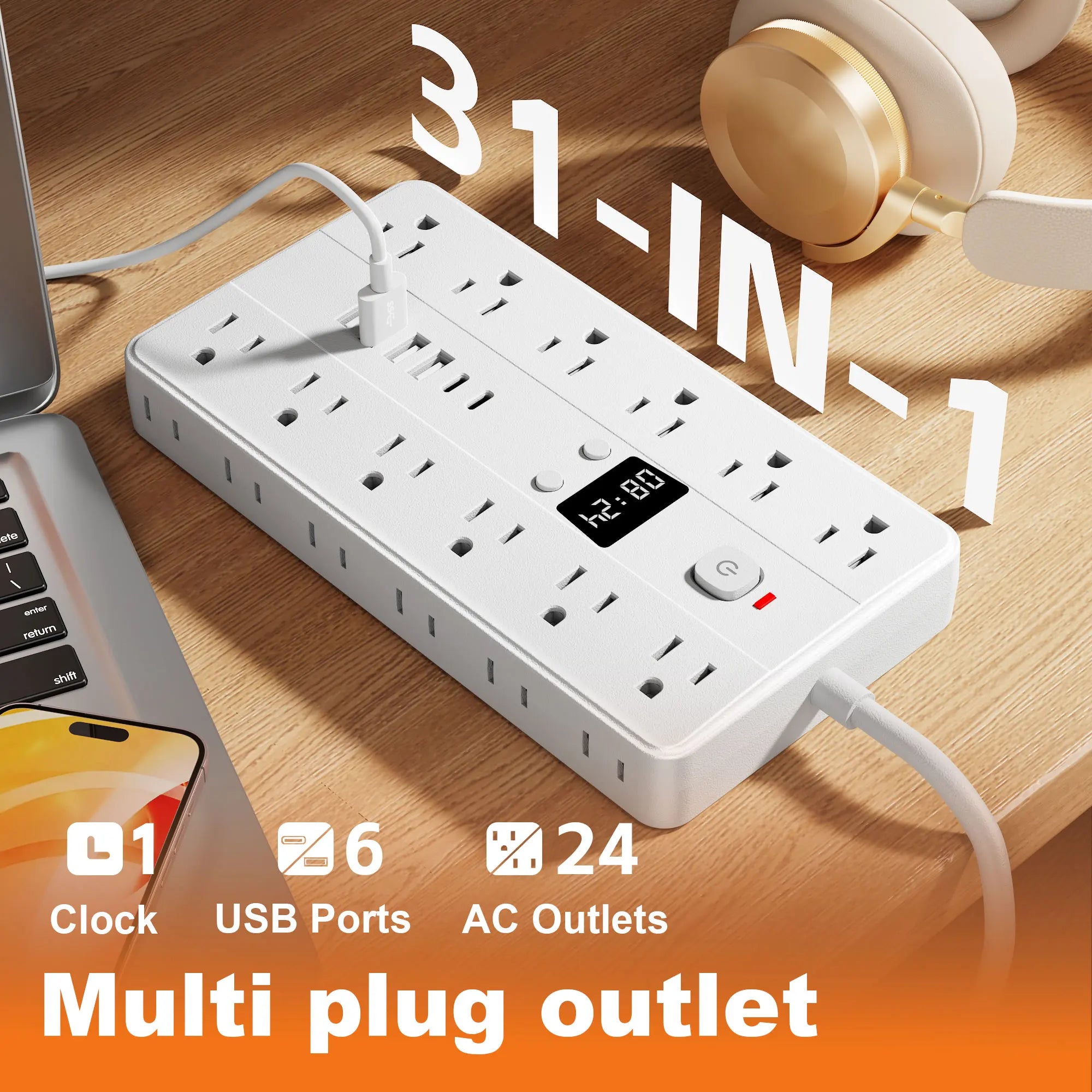 31-in-1 Multifunctional Power Socket – 24 AC Outlets, 4 USB & 2 USB-C with Time Display