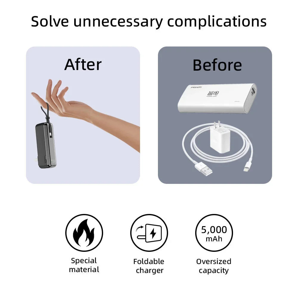5000mAh Mini Power Bank – 20W Fast Charging with Cable
