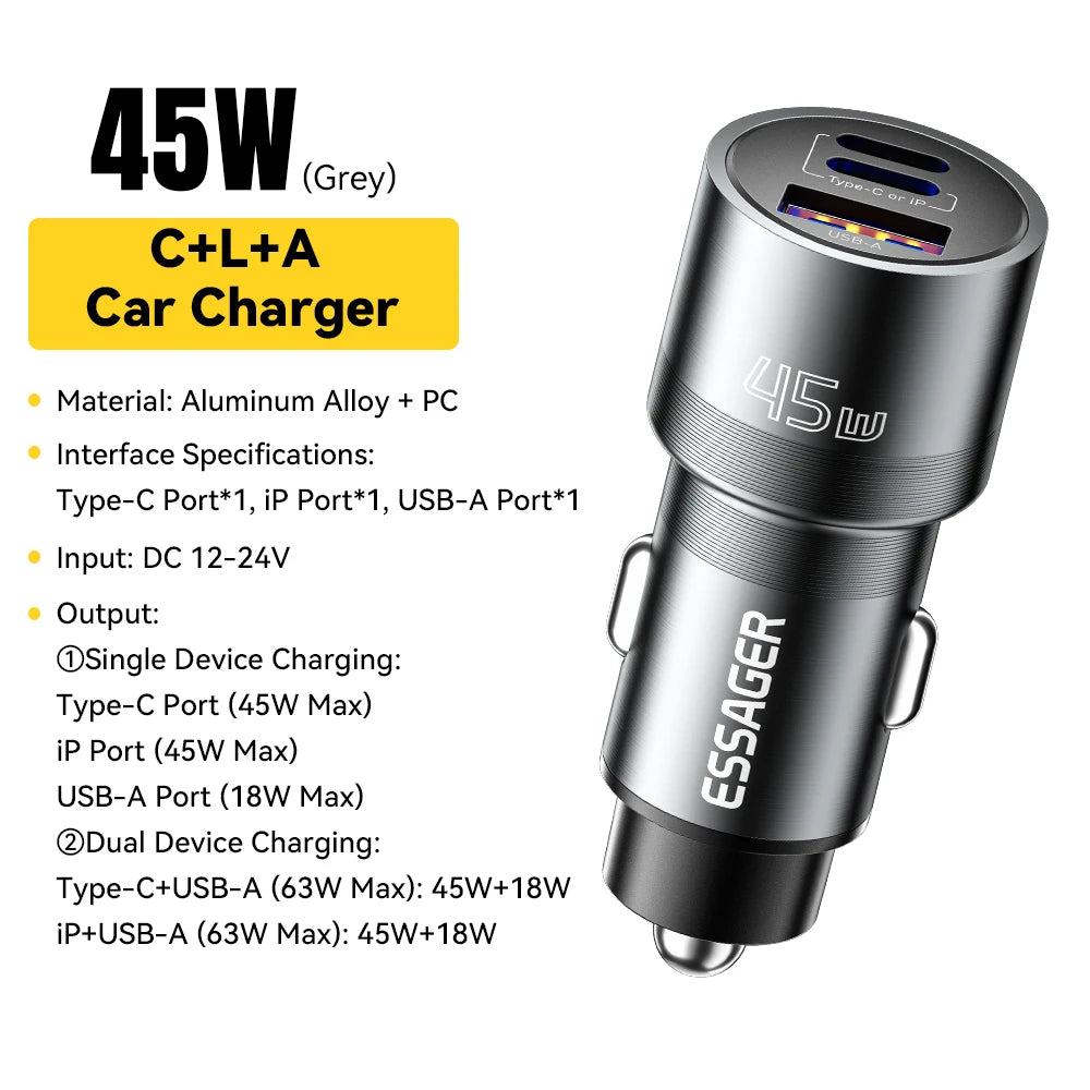 Essager Car Charger 3 Ports 45W USB Type C Fast Charging Phone Quick Charge for IPhone 15 14 Huawei Xiaomi Samsung Laptop Tablet