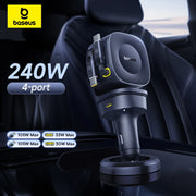 Baseus 240W Car Charger – 4-Port Fast Charging Adapter with Retractable USB-C Cable