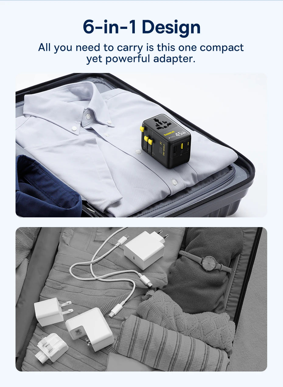 Baseus 6-in-1 GaN Travel Charger – 45W/70W Universal Adapter