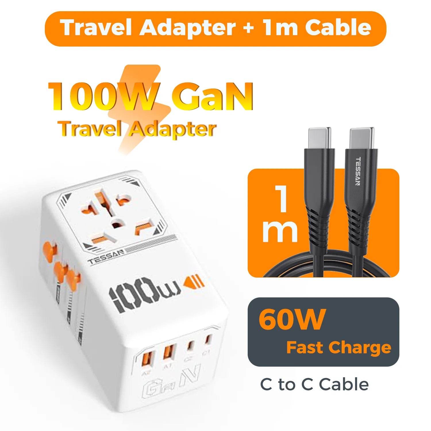 TESSAN 100W GaN Universal Travel Adapter – USB & Type-C Fast Charging