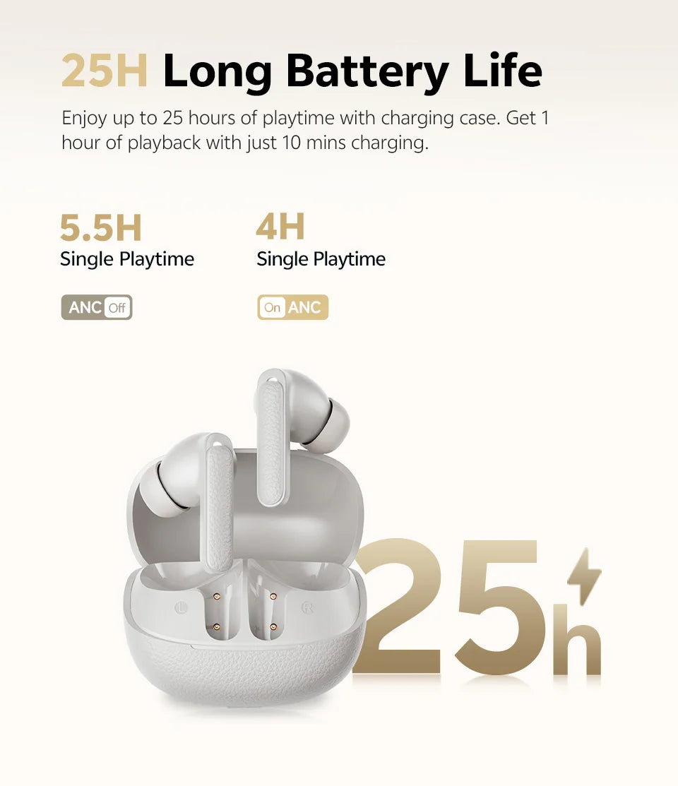 QCY Buds ANC -45dB Adaptive Noise Cancelling Wireless Bluetooth 5.4 Earbuds 6 Mics Clear Call 10mm Dynamic Driver Earphone 25Hrs