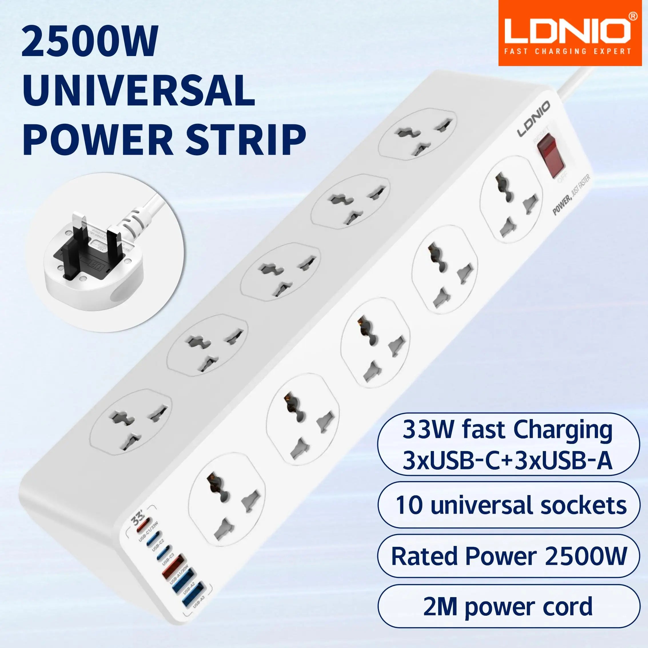 LDNIO Power Strip – 10 AC Outlets with USB-C, Surge Protector, 2M Extension Cord