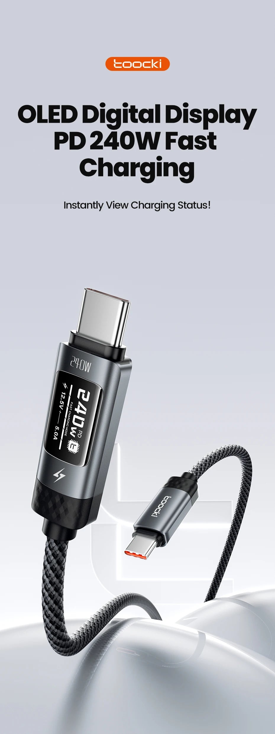 TOOCKI 240W USB-C to USB-C Cable – PD 3.1 Fast Charging Cable with OLED Power Display